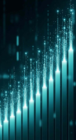 A futuristic digital graph with glowing blue bars and sparks on a dark backgroundの写真素材