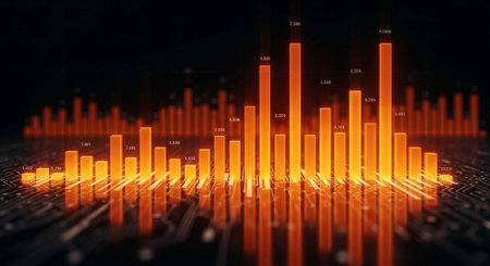A 3D bar graph with orange bars and numbers on a black background showing data analysis and statisticsの写真素材