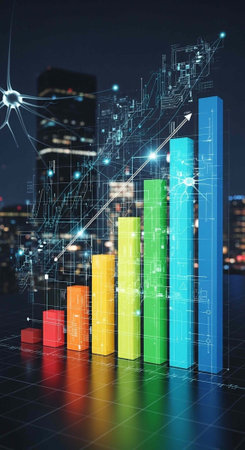 A colorful bar graph showing an upward trend in a modern city at night with digital elementsの写真素材