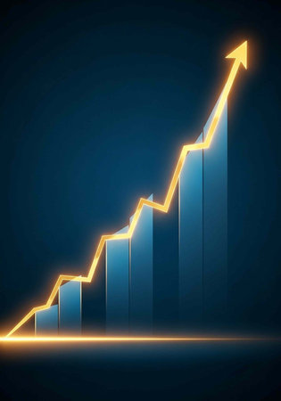 A glowing yellow bar graph with an upward trend on a dark blue backgroundの写真素材