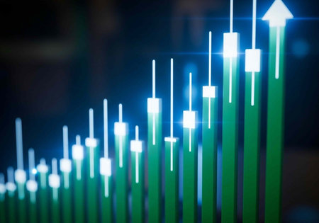 A green stock market graph with white and blue accents shows a steady upward trend in financial growth.の写真素材