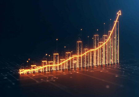 A glowing orange graph with an upward trend on a dark blue background, indicating growth and successの写真素材