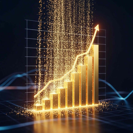A glowing bar graph with an upward trend shows growth and success in a dark backgroundの写真素材
