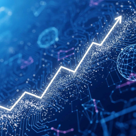 A futuristic digital illustration of a white arrow trending upward on a blue circuit board backgroundの写真素材