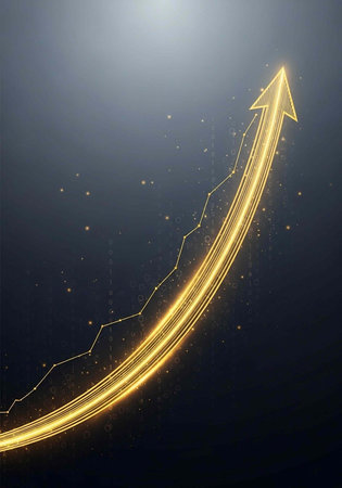 A glowing golden arrow ascends upward in a dark background with a bright light shining downの写真素材