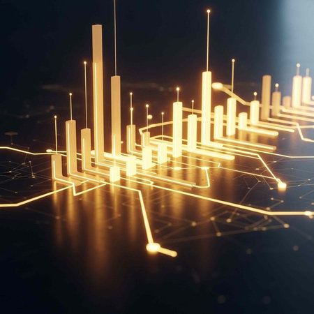 A futuristic 3D bar chart with glowing yellow lines and bars on a dark background, representing data analysis and visualizationの写真素材