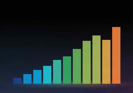 A colorful bar graph showing a steady increase in growth and progress on a dark backgroundの写真素材