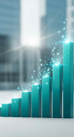 A 3D teal bar graph with sparkling particles rising upward in a modern office setting with blurred backgroundの写真素材