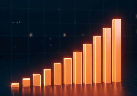 A glowing orange bar graph showing a steady increase in growth on a dark background with grid linesの写真素材