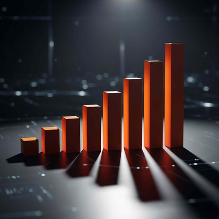 A 3D bar graph with red bars on a dark background with a spotlight shining downの写真素材