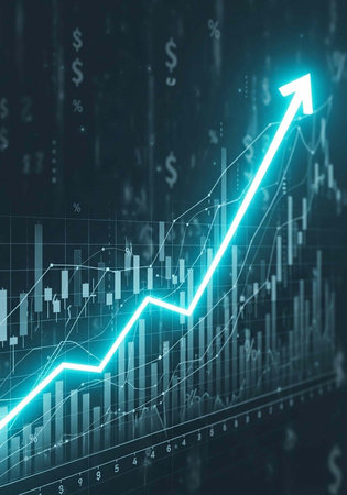 A glowing blue graph showing a steady increase in financial growth and success with an upward trendの写真素材