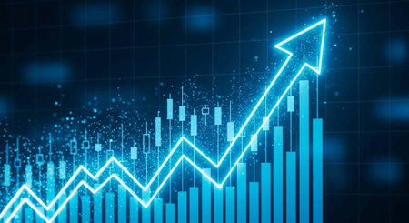 A glowing blue graph with an upward trend and an arrow pointing upwards, indicating growth and success.の写真素材