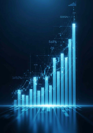 A futuristic blue bar graph showing significant growth and data analysis in a digital environmentの写真素材