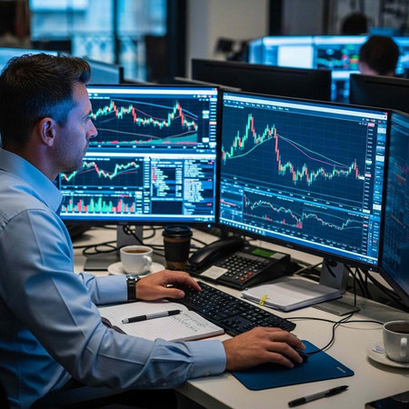 A man in a blue shirt works at a desk with multiple computer monitors displaying stock market graphs and charts.の写真素材