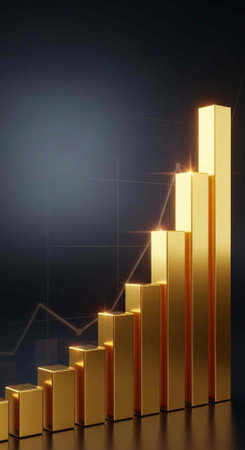 A 3D gold bar chart showing a steady increase in growth and success on a dark backgroundの写真素材