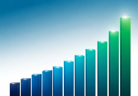 A bar graph showing a steady increase in growth and success with a blue and green color schemeの写真素材