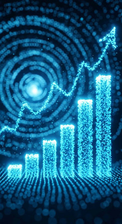 A futuristic digital graph with glowing blue bars and lines on a dark background with spiral patternsの写真素材