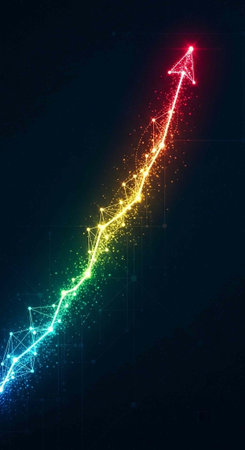 A vibrant, glowing arrow ascends upward in a dark background with a network of colorful lines and dotsの写真素材