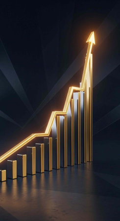 A 3D bar chart with a glowing gold arrow pointing upwards, indicating growth and success in a dark room.の写真素材