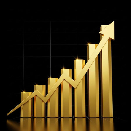 A gold bar chart with an upward trend on a black background, indicating growth and success in business or finance.の写真素材
