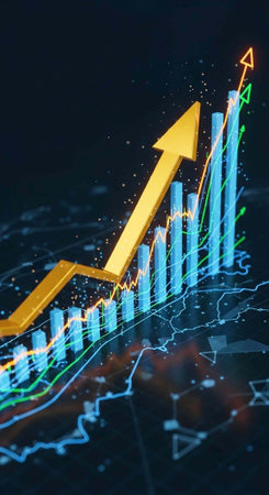 A 3D bar graph with a large yellow arrow pointing upwards, indicating growth and success in business and finance.の写真素材