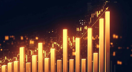 A glowing bar chart with rising columns of light on a dark background represents financial growth and successの写真素材