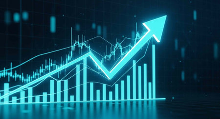 A glowing blue graph with an upward trending arrow indicating growth and success in a digital financial contextの写真素材