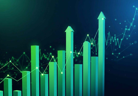 A green bar graph with arrows pointing upwards, indicating growth and success in a business or financial context.の写真素材
