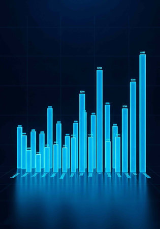 A 3D bar graph with blue bars on a dark background, representing data and statistics in a visual format.の写真素材
