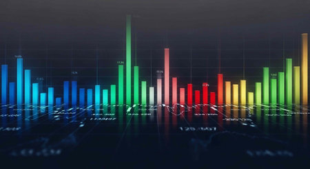 A colorful bar graph with vibrant bars of different heights on a dark background for data analysisの写真素材