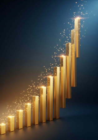 A 3D rendering of a golden bar chart with sparkling particles on a dark blue backgroundの写真素材