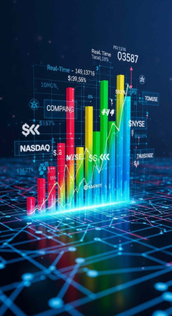 A colorful bar graph displaying stock market data on a futuristic digital background with NASDAQ and NYSE symbolsの写真素材
