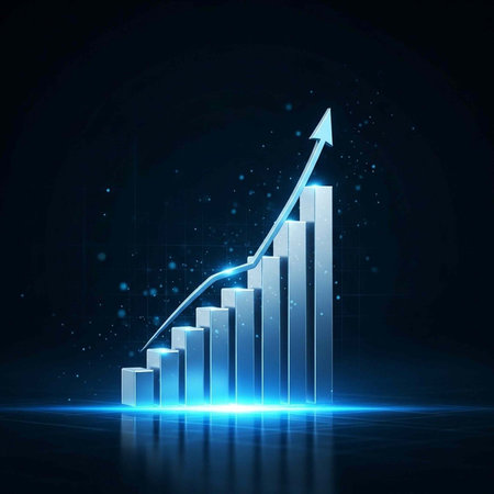 A glowing blue bar graph with an upward trend on a dark backgroundの写真素材