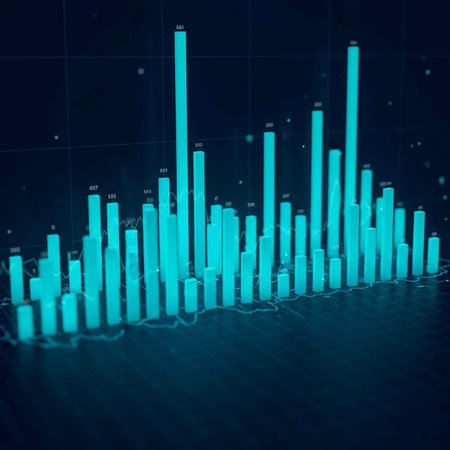 A 3D bar graph with teal bars and a dark blue background displays statistical data in a visually appealing wayの写真素材