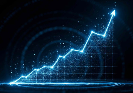 A glowing blue graph with an upward trend shows growth and success in a futuristic digital environmentの写真素材
