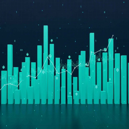 A teal-colored bar graph with white lines and symbols on a dark blue background, representing financial data and statistics.の写真素材