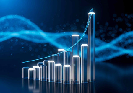 A futuristic bar graph with a rising trend line on a dark blue background with neon lightsの写真素材