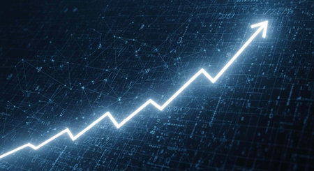 A glowing white line graph trending upward on a dark blue background with code and data pointsの写真素材