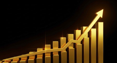 A gold bar chart with an upward trend on a black background, indicating growth and success in business or finance.の写真素材