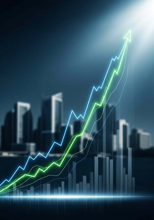 A glowing green and blue line graph shows a steady upward trend in a futuristic cityscape at nightの写真素材