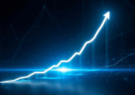A glowing blue line graph shows a steady upward trend with an arrow pointing to successの写真素材