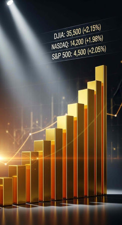A stock market graph showing a steady increase in financial growth and success with rising bar chartの写真素材