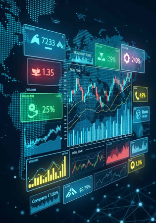 A futuristic digital dashboard displaying various financial charts and graphs on a dark backgroundの写真素材