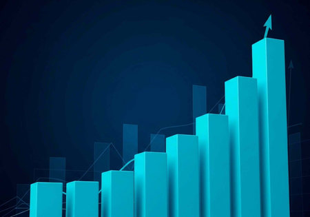 A 3D bar graph with blue bars and an upward trend on a dark backgroundの写真素材