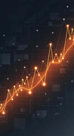 A glowing orange line graph trending upward on a dark background with a grid patternの写真素材