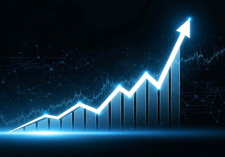 A glowing blue graph with an upward trend shows growth and success in a digital and futuristic contextの写真素材