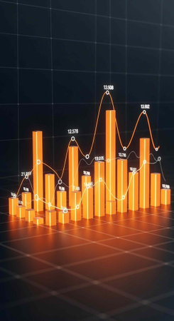 A 3D bar graph with orange bars and white data points on a black background with a grid patternの写真素材
