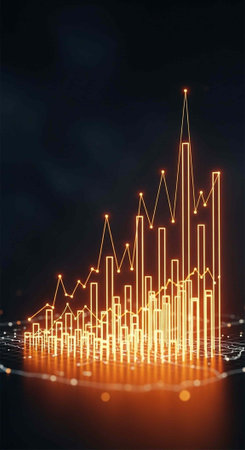 A glowing digital graph with orange lines and dots on a dark background, representing data and statisticsの写真素材