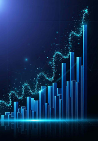 A futuristic blue bar graph with a rising trend and digital particles on a dark backgroundの写真素材
