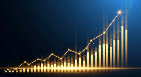 A glowing bar graph with a rising trend line on a dark blue background, indicating growth and successの写真素材